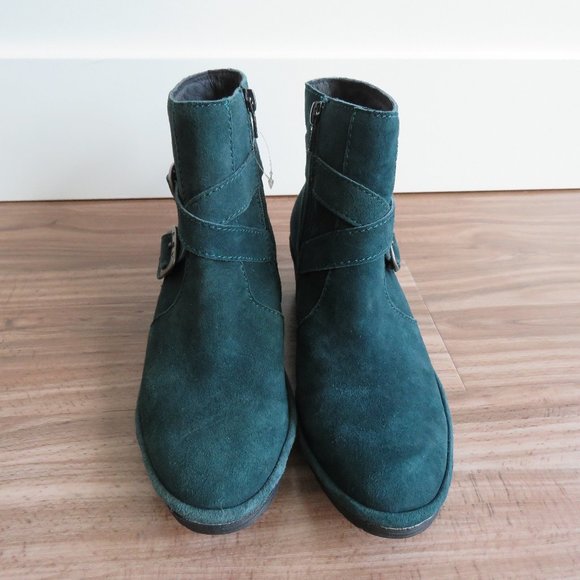 FLY LONDON Perz Suede Leather Ankle Wedge Buckle Boots Dark Petrol Size US 7.5/8 - Picture 3 of 16